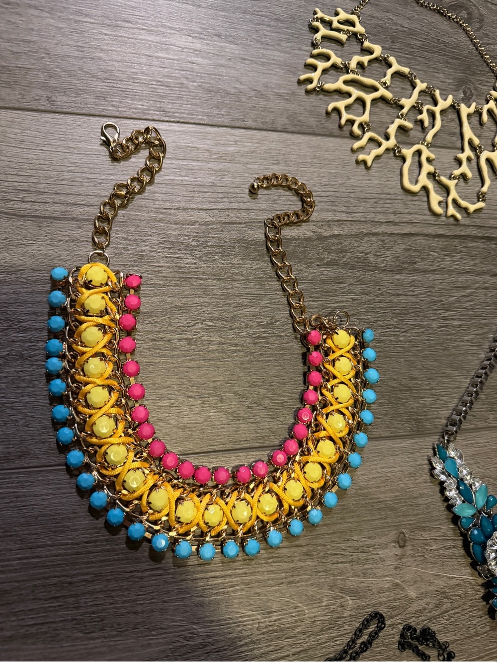 Gold Statement Necklace with Yellow, Pink & Turquoise Beads